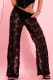 Black Sexy Flowers Patchwork See-Through Loose Mid Waist Wide Leg Patchwork Bottoms