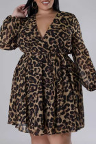 Leopard Print Elegant Leopard Print Patchwork V Neck A Line Plus Size Dresses