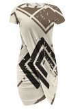 Black Yellow Casual Street Geometric Print Irregular Contrast O Neck Irregular Short Sleeve Dress