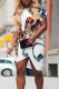 White Casual Street Geometric Print Irregular Contrast O Neck Irregular Short Sleeve Dress