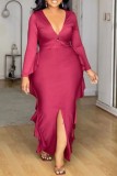Red Casual Solid Color Slit Deep V Neck Long Dresses
