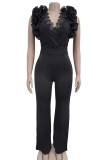 Black Casual Solid Color Patchwork Zipper Stringy Selvedge V Neck Regular Jumpsuits