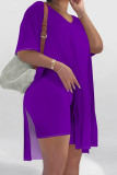 Rose Red Casual Solid Color Patchwork High Slit V Neck Half Sleeve Two Pieces
