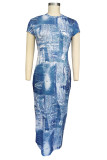 Blue Elegant Print Patchwork O Neck Printed Plus Size Dresses