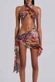 Colour Sexy Print Hollow Out Patchwork Backless Halter Wrapped Skirt Dresses
