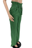 Green Casual Solid Color Patchwork With Belt Loose High Waist Wide Leg Patchwork Bottoms