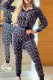 Black Casual Print Pocket Patchwork Zipper Zipper Collar Long Sleeve Two Pieces