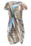 Black Yellow Casual Street Geometric Print Irregular Contrast O Neck Irregular Short Sleeve Dress