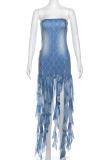Blue Sexy Print Fringed Trim Patchwork Backless Strapless Irregular Dresses
