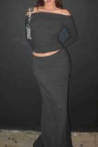 Dark Gray Elegant Solid Color Patchwork Oblique Collar Long Sleeve Two Pieces