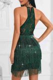 Green Sexy Solid Color Lace Fringed Trim Sequins Buttons Patchwork Backless O Neck Wrapped Skirt Dresses
