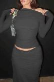 Dark Gray Elegant Solid Color Patchwork Oblique Collar Long Sleeve Two Pieces