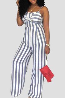 White Casual Stripe Patchwork Backless Bow Decor Spaghetti Strap Loose Jumpsuits