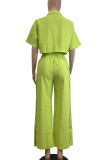 Green Casual Solid Color Buckle Patchwork Turndown Collar Half Sleeve Two Pieces