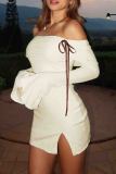 Apricot Sexy Solid Color Patchwork Backless Slit Strap Design Off Shoulder Wrapped Skirt Dresses