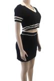 White Elegant Letters Patchwork Pleated Contrast V Neck Short Sleeve Two Pieces