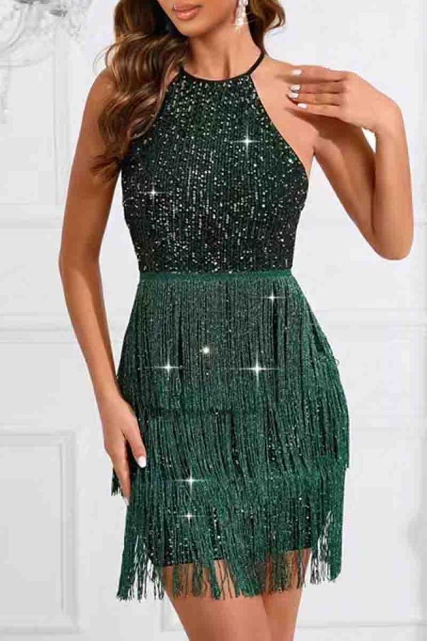 Green Sexy Solid Color Lace Fringed Trim Sequins Buttons Patchwork Backless O Neck Wrapped Skirt Dresses