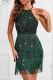 Green Sexy Solid Color Lace Fringed Trim Sequins Buttons Patchwork Backless O Neck Wrapped Skirt Dresses