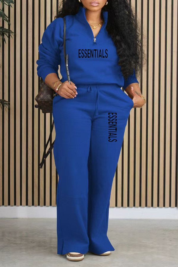 Blue Casual Daily Letter Print Pocket Zipper Turndown Collar Long Sleeve Two Pieces
