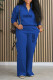 Blue Casual Daily Letter Print Pocket Zipper Turndown Collar Long Sleeve Two Pieces