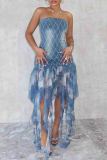 Blue Sexy Print Fringed Trim Patchwork Backless Strapless Irregular Dresses