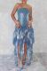Blue Sexy Print Fringed Trim Patchwork Backless Strapless Irregular Dresses