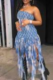 Blue Sexy Print Fringed Trim Patchwork Backless Strapless Irregular Dresses
