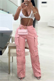 Black Casual Solid Color Pocket Straight High Waist Conventional Solid Color Trousers