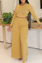 Yellow Casual Stripe Patchwork O Neck Long Sleeve Two Pieces