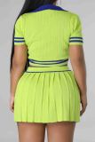 White Elegant Letters Patchwork Pleated Contrast V Neck Short Sleeve Two Pieces