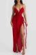 Red Sexy Print Patchwork Backless High Slit Ruched Strap Design Halter Irregular Dresses