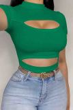 Brown Sexy Solid Color Hollow Out Patchwork O Neck T-Shirts