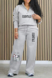 Red Casual Daily Letter Print Pocket Zipper Turndown Collar Long Sleeve Two Pieces