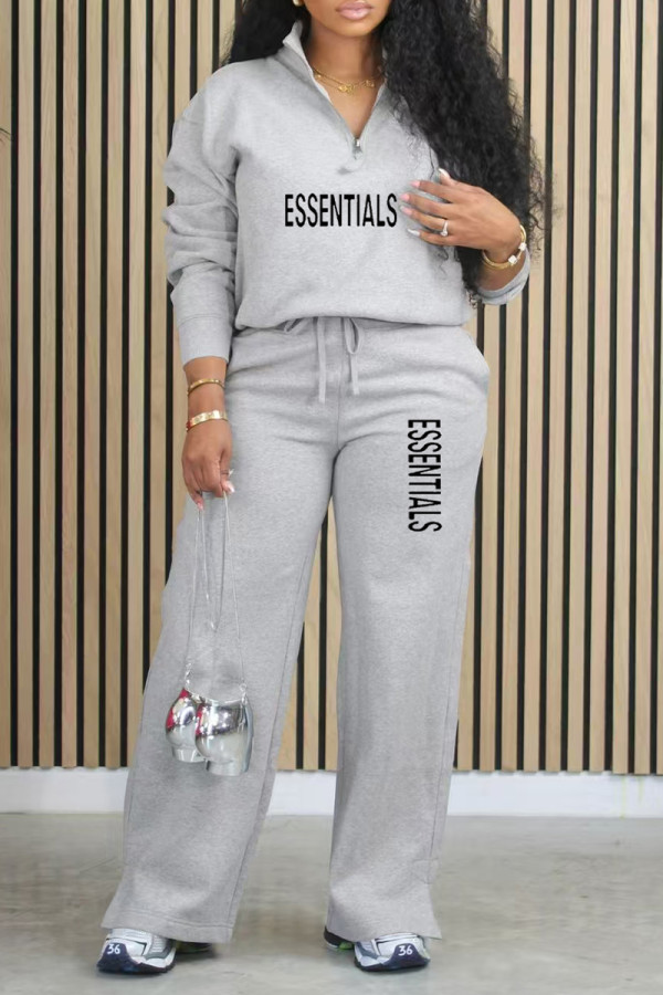 Grey Casual Daily Letter Print Pocket Zipper Turndown Collar Long Sleeve Two Pieces