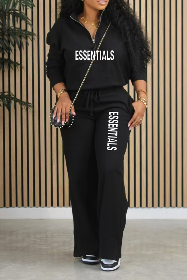 Black Casual Daily Letter Print Pocket Zipper Turndown Collar Long Sleeve Two Pieces
