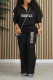 Black Casual Daily Letter Print Pocket Zipper Turndown Collar Long Sleeve Two Pieces