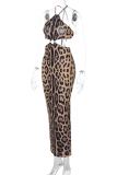 Leopard Print Sexy Leopard Print Hollow Out Patchwork Backless Halter Long Dresses