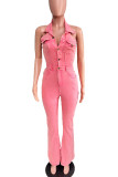 Pink Street Solid Color Pocket Buckle Patchwork Turndown Collar Sleeveless Regular Denim Jumpsuits