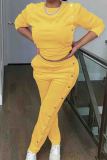 Lemon Yellow Casual Solid Color Buckle Patchwork O Neck Long Sleeve Two Pieces