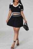 White Elegant Letters Patchwork Pleated Contrast V Neck Short Sleeve Two Pieces