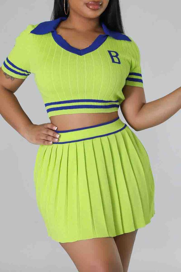 Fluorescent Green Elegant Letters Patchwork Pleated Contrast V Neck Short Sleeve Two Pieces