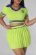 Fluorescent Green Elegant Letters Patchwork Pleated Contrast V Neck Short Sleeve Two Pieces