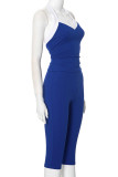 Blue Sexy Patchwork Backless Contrast Halter Sleeveless Two Pieces