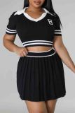 White Elegant Letters Patchwork Pleated Contrast V Neck Short Sleeve Two Pieces