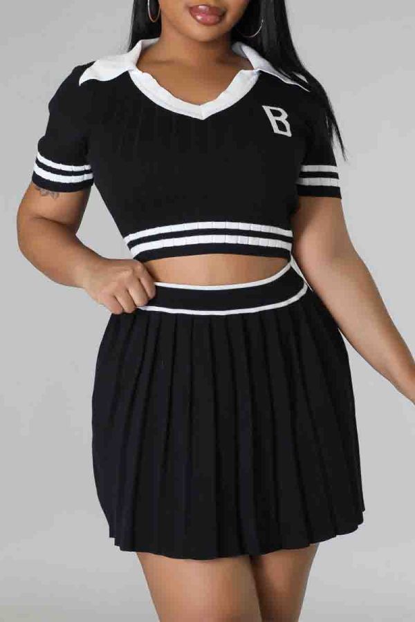 Black Elegant Letters Patchwork Pleated Contrast V Neck Short Sleeve Two Pieces