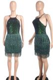 Green Sexy Solid Color Lace Fringed Trim Sequins Buttons Patchwork Backless O Neck Wrapped Skirt Dresses