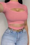 Brown Sexy Solid Color Hollow Out Patchwork O Neck T-Shirts