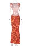 Tangerine Red Elegant Print Patchwork Backless Strap Design Halter Long Dresses