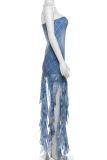 Blue Sexy Print Fringed Trim Patchwork Backless Strapless Irregular Dresses