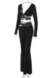 Black Sexy Solid Color Hollow Out Patchwork Deep V Neck Long Sleeve Two Pieces